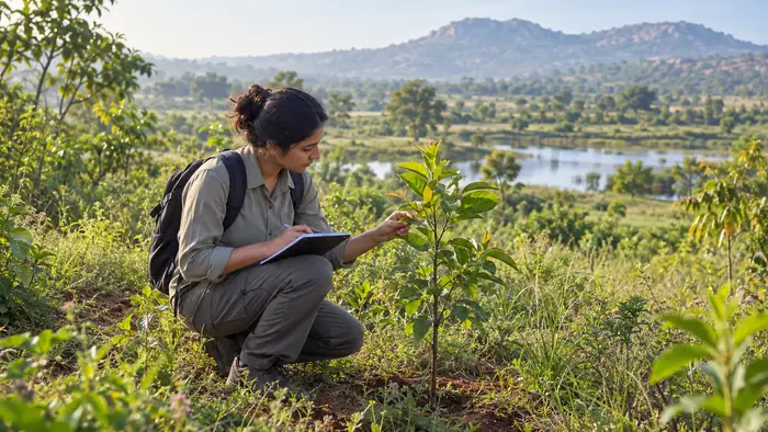 Ecologist recording observations on a young tree during field research