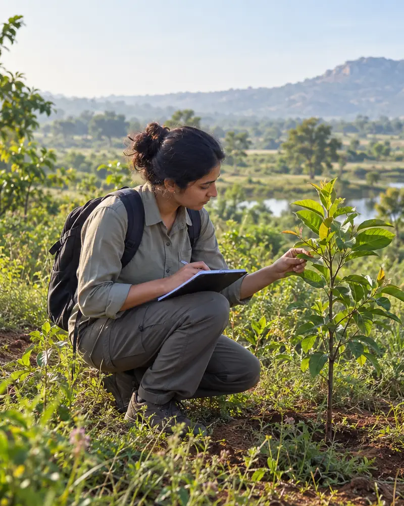 Ecologist recording observations on a young tree during field research